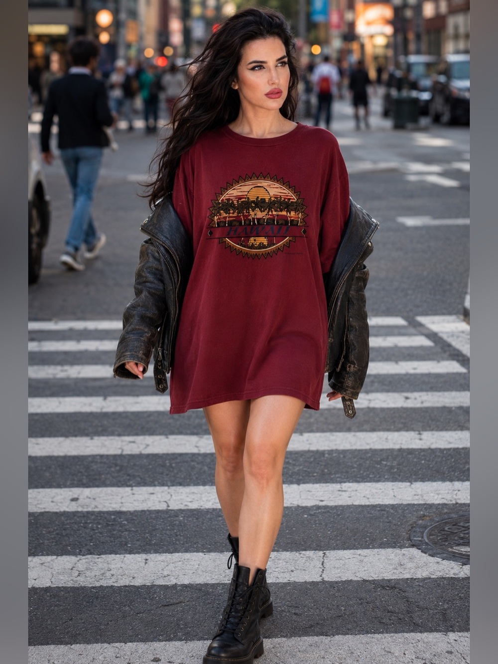 Vintage 90s Indie Sleaze Sunset Graphic Fruit Of Loom Burgundy Hawaii Tee XL